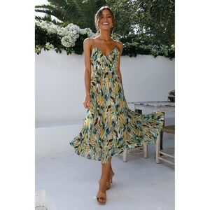 Hello Molly NWT Abstract Print Ruffle‎ Hem Midi Dress Blue Yellow XL US 10